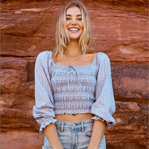 AE Smocked Puff-Sleeve Square Neck Blouse